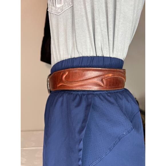 VTG 1993 Brighton Belt 49307 Brown Textured Leather Heavy Silver Buckle Sz M main image 4